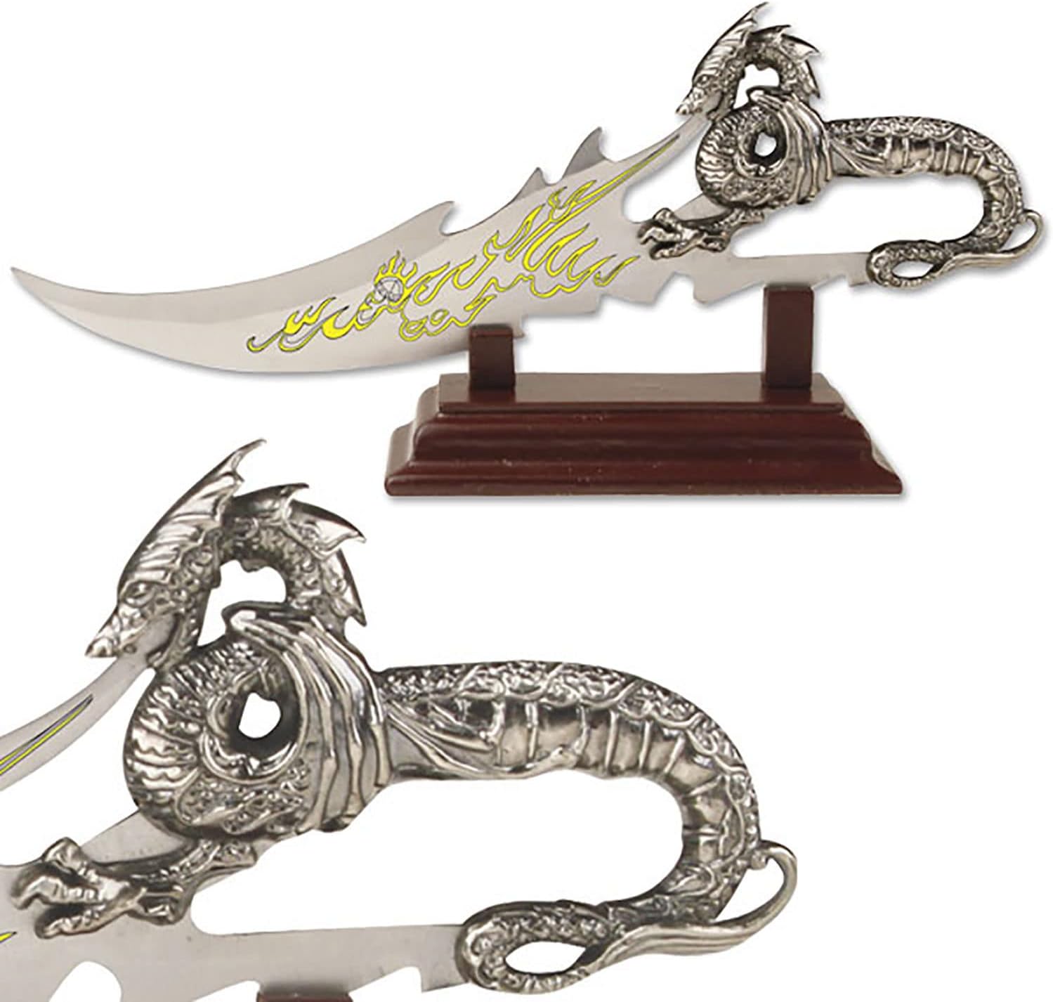 Fantasy Dragon Knife with Wood Display Stand, Silver, 7.5"
